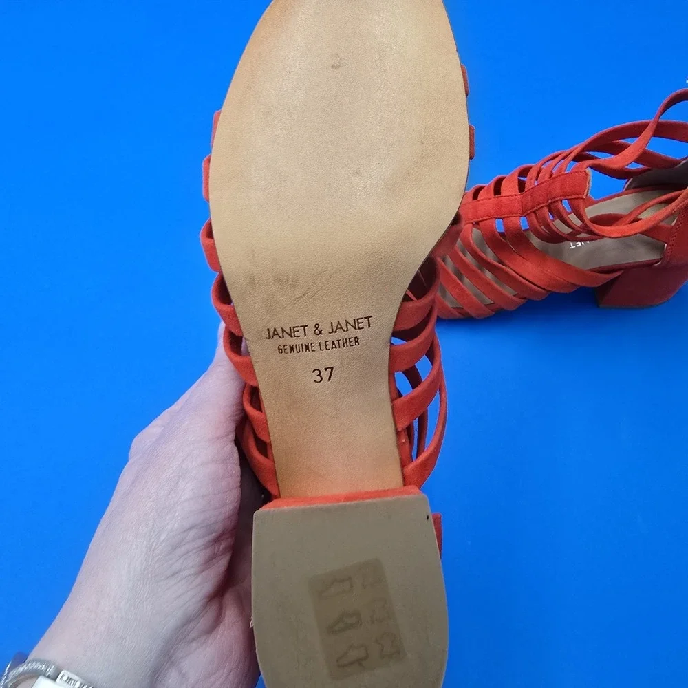 Janet & Janet Orange Suede Gladiator Block Heel Strappy Sandals 37 Made in Italy